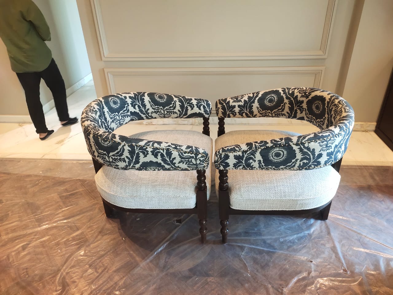 Pair of upholstered armchairs after cleaning and coating